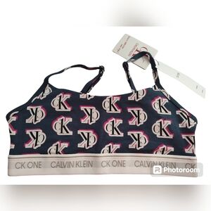 Calvin Klein CK one Bralette bra blue logo step print . Sea shore blue